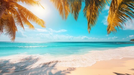 Fototapeta premium Tranquil tropical scene showcasing white sand, palm trees and blue waters