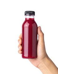 hand holding cold pressed juice bottle on white background png