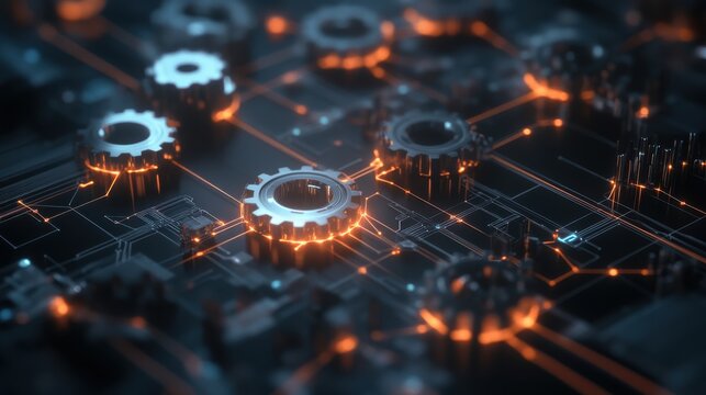 Intricate network of gears and glowing connections symbolize interconnected systems and workflows