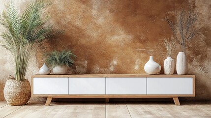 Modern, minimalist living room scene with a light-colored wooden media cabinet.  Warm, earthy tones, natural elements