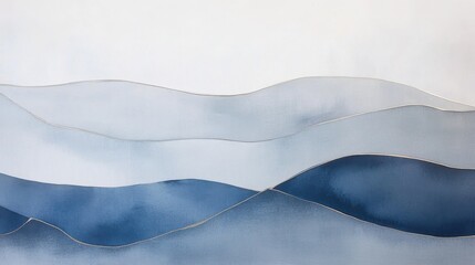 Minimalist watercolor painting of abstract mountain layers in muted blue and gray tones with subtle gold accents.