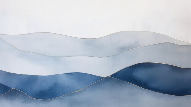 Minimalist watercolor painting of abstract mountain layers in muted blue and gray tones with subtle gold accents.