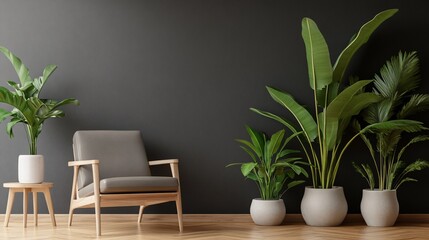 Modern minimalist living room scene with plants.  A cozy corner with a wooden armchair and potted plants against a dark gray wall