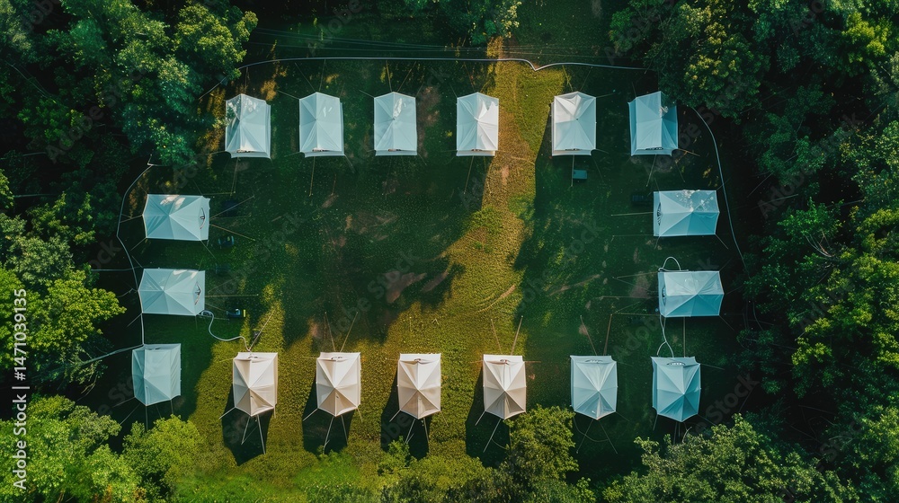 Wall mural aerial view of many small tents arranged in a rectangular pattern.