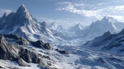 Exploring a vast glacial moraine with jagged ice and rocks under a blue sky backdrop in a remote mountainous region