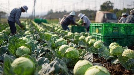 Workers harvesting cabbage in a vibrant field during late afternoon under a clear sky