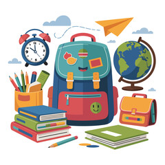 Back to school illustration shows a 3d globe, books stacked on a laptop, and a pencil, representing education and learning technology