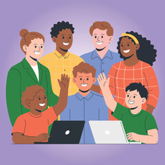 A cartoon illustration shows a group of happy children, kids, and a boy playing with a laptop computer, having fun with education