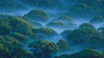 Fototapeta premium Misty Morning Forest Enchanting Aerial View.
