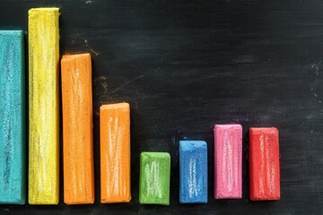 Colorful declining bar graph drawn on a chalkboard