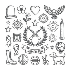 Set of memorial day doodle on white background. Hand drawn abstract doodle isolated on white background.