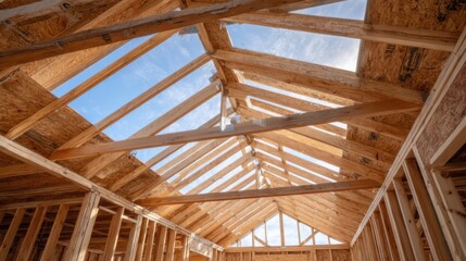 Roof framing process showing wooden beams and clear sky in a new construction project