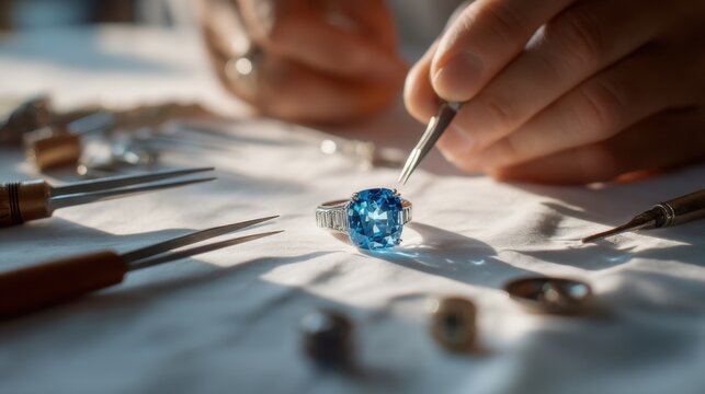 Jewelry maker crafting a blue stone ring with precision tools in a workshop - Powered by Adobe