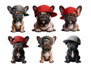 Six frenchies wearing baseball caps
