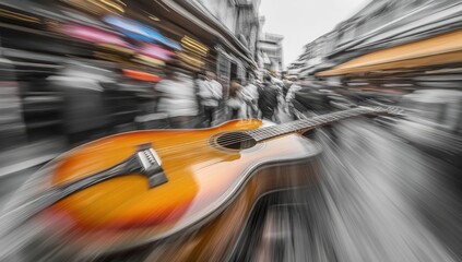 Acoustic guitar in bustling city street