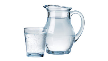 Clear water pitcher and glass filled to the brim on transparent background

