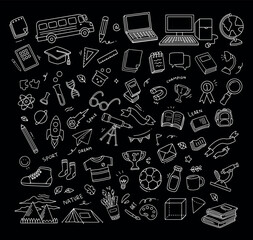 Back to school doodle elements. Vector illustration in line with black background