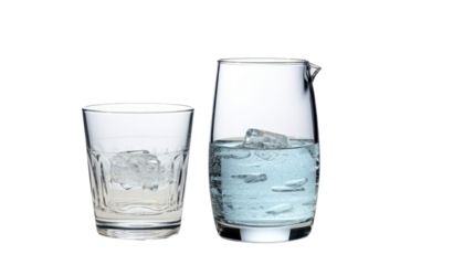 Clear water pitcher and glass filled to the brim on transparent background


