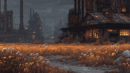 Fototapeta premium PostApocalyptic Factory Sunset Golden Field with Rust.