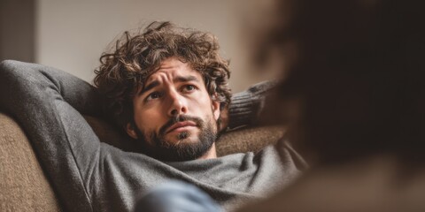 Obraz premium Man with curly hair and beard listens intently during a conversation in a cozy indoor setting in the evening