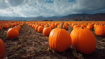 Vibrant pumpkin patch under a cloudy sky with mountains in the background during harvest season