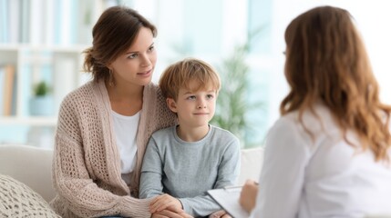 Conversation between a mother and her son with a counselor in a comfortable room setting