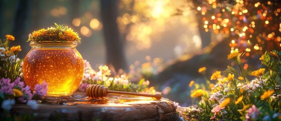 Golden honey jar in a floral forest scene.