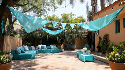 Relaxing outdoor lounge area with blue decor under festive sunshade canopy