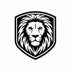 Emblematic Lion Logo: Bold Black and White Shield Design with Intricate Mane Details and Tribal Elements