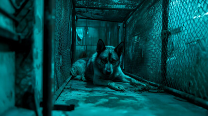 Captive gaze: A blue toned canine in a cage filled with sorrow and longing