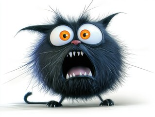 Fototapeta premium Cartoon Black Cat Screaming in Terror with Wide Eyes and Sharp Teeth on White Background Studio Shot
