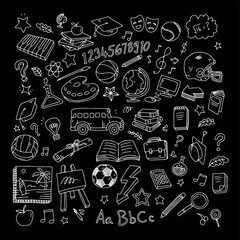 Back to school doodle elements. Vector illustration in line with black background