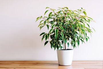 Obraz premium Ficus Benjamina plant in white pot against white wall on wooden floor in home interior low angle view