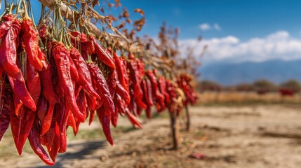 Naklejka premium Red chili peppers hang in a sunlit field under a clear blue sky in late summer