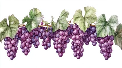 Fototapeta premium A decorative illustration of purple grapes and leaves.
