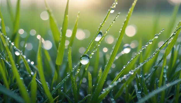 Green grass blades covered with glistening dew drops in morning light