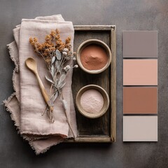 top view of a moodboard with color palette. Colors to use are warm gray, terracotta or antique pink and brown. Include natural fabrics and earthy powders. Also include natural.