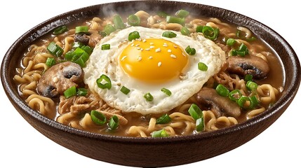 Steaming Ramen Bowl with Fried Egg  Mushrooms.