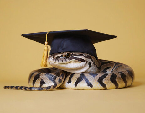 burmese python snake wearing a graduation cap in a yellow color background