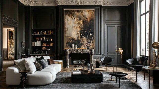 Luxurious, dark interior design of a grand living room.