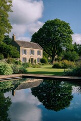 An architectural photograph of an old manor house in the beautiful landscape of The Cotswolds, featuring rolling green hills, quaint stone cottages, and large garden with very tall.