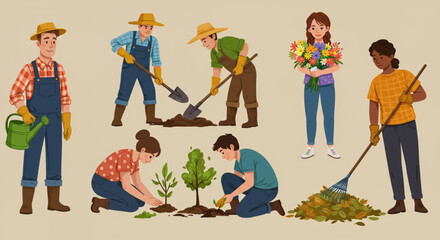 Gardening people with tools for commercial use, flat vector style