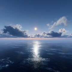 Game rendering style materialsï¼ŒA panoramic view of the vast sea from a high altitude under the setting sun ã€Only the sea surface, Calm and strong perspective --profile u38z5ol.