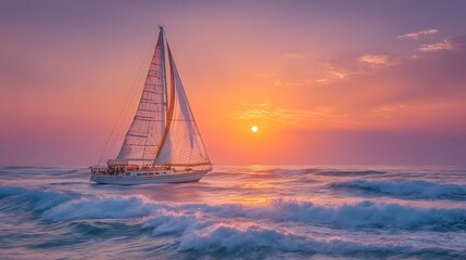 Naklejka premium Sunset Sailboat Adventure Ocean Waves with Tropical Paradise.