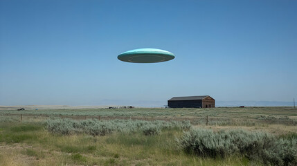 Fototapeta premium Unidentified flying object over an agricultural landscape with an old barn