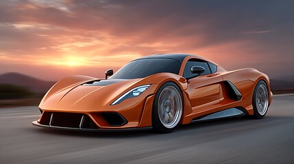 Obraz premium Sunset Speed Orange Supercar on Coastal Highway.