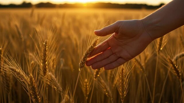 Hand gently touching wheat field during sunset  