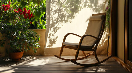 Obraz premium Serene moment: Rocking chair on balcony bathed in gentle sunlight and shadow