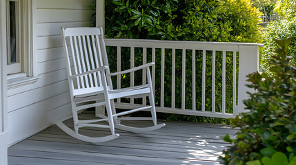 Inviting serene porch scene with classic white rocking chair and green foliage