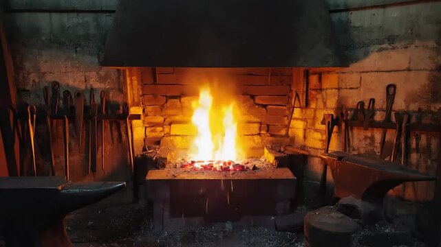 Forge fire burning bright with tools and equipment in an old workshop